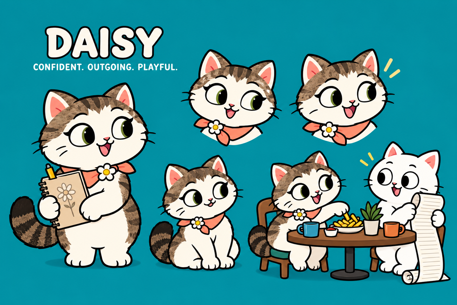 Daisy, a white and brown-gray tabby cat with a peach scarf and daisy pin, in expressive poses and a playful café scene with the main white cat.