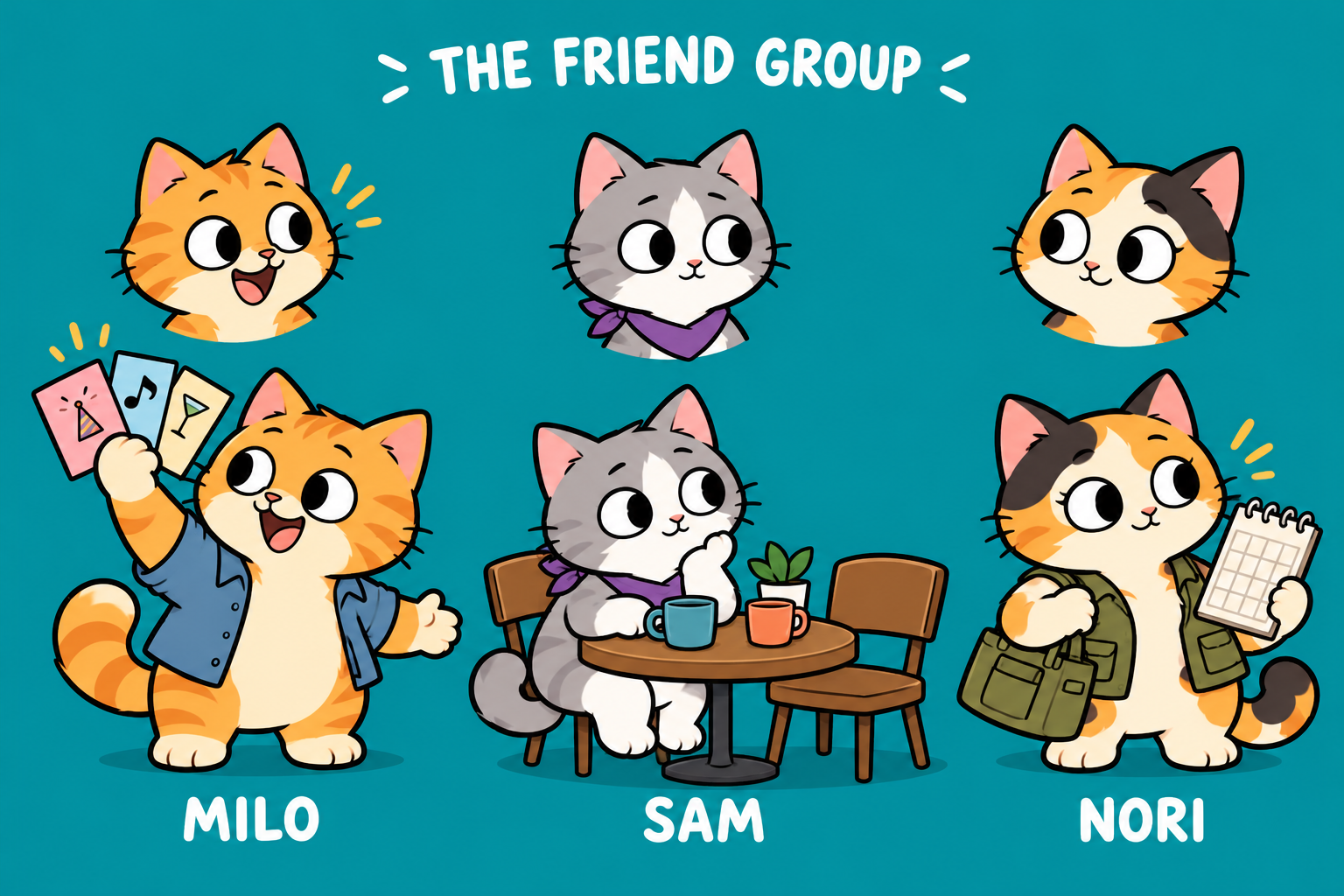 Milo the ginger cat in a blue shirt with invitations; Sam the gray cat with a purple scarf at a café table; Nori the calico cat with an olive vest, tote and calendar.