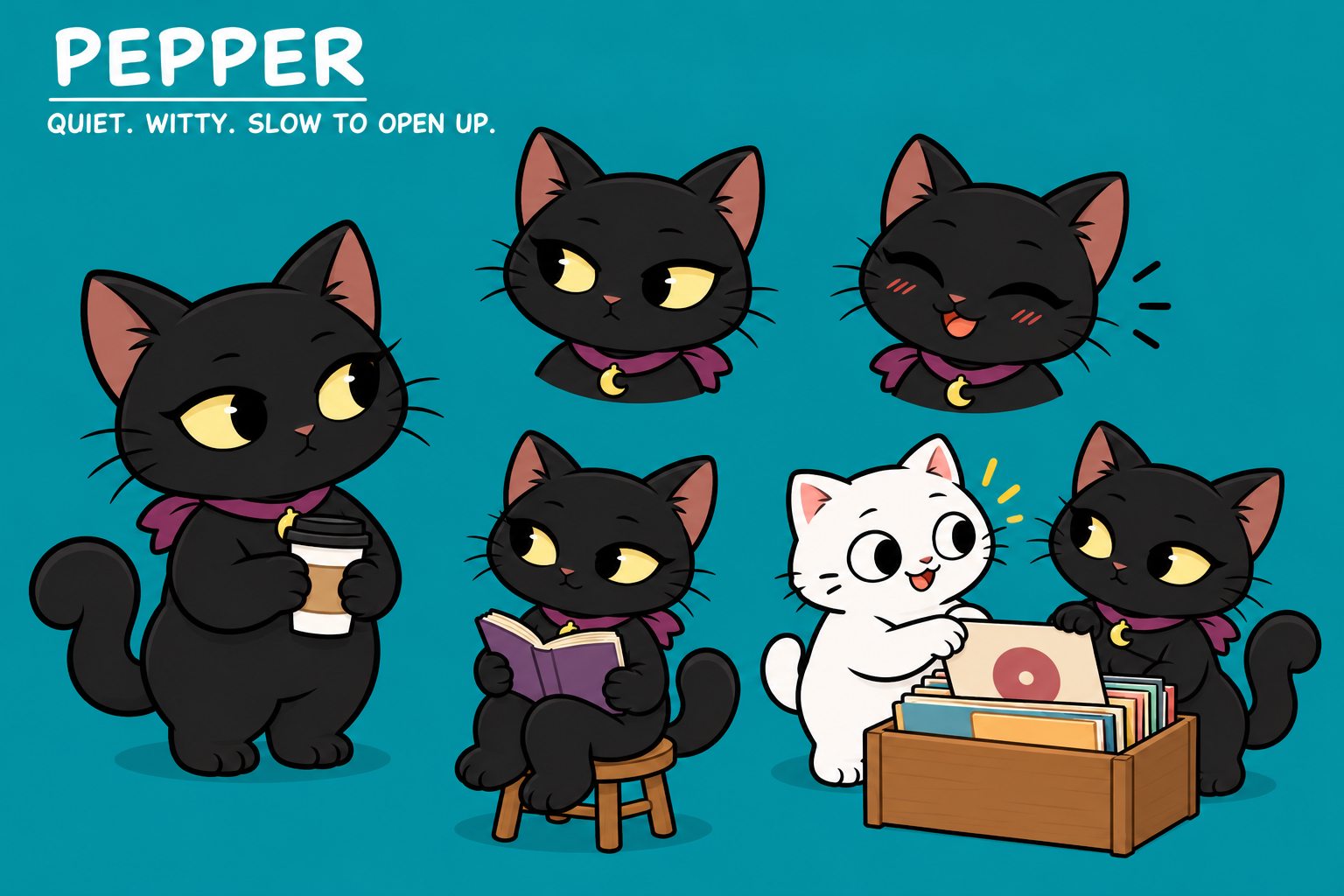 Revised Pepper, a sleek black cat with expressive gold-green eyes, plum scarf and crescent charm: reserved coffee pose, thoughtful glances, a softer smile and shy mutual interest in a record shop.
